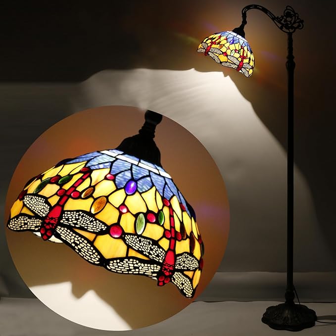 Tiffany Lamp Shade Replacement 12X6 Inch Stained Glass Lampshade Only 1-5/8-Inch Fitter Opening for Arched Floor Lamp, Torchiere Lamp, Pendant Light (Orange Blue Dragonfly)