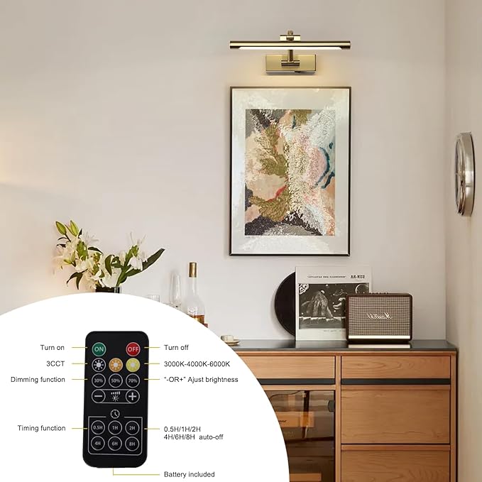 12.6 inch LED Wireless Picture Lights for Wall Rechargeable, Battery Operated Art Light for Paintings, 3CCT Dimmable, Brass Finish with Remote, Rotatable Gallery Light for Pictures Display