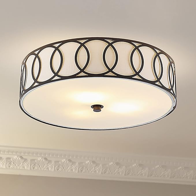 JONATHAN Y 12.25" Oil Rubbed Bronze Modern Metal LED Flush Mount Ceiling Light for Bedroom Hallway, White Linen Drum Shade with Geometric Fretwork, LED Bulbs Included (JYL3503C)
