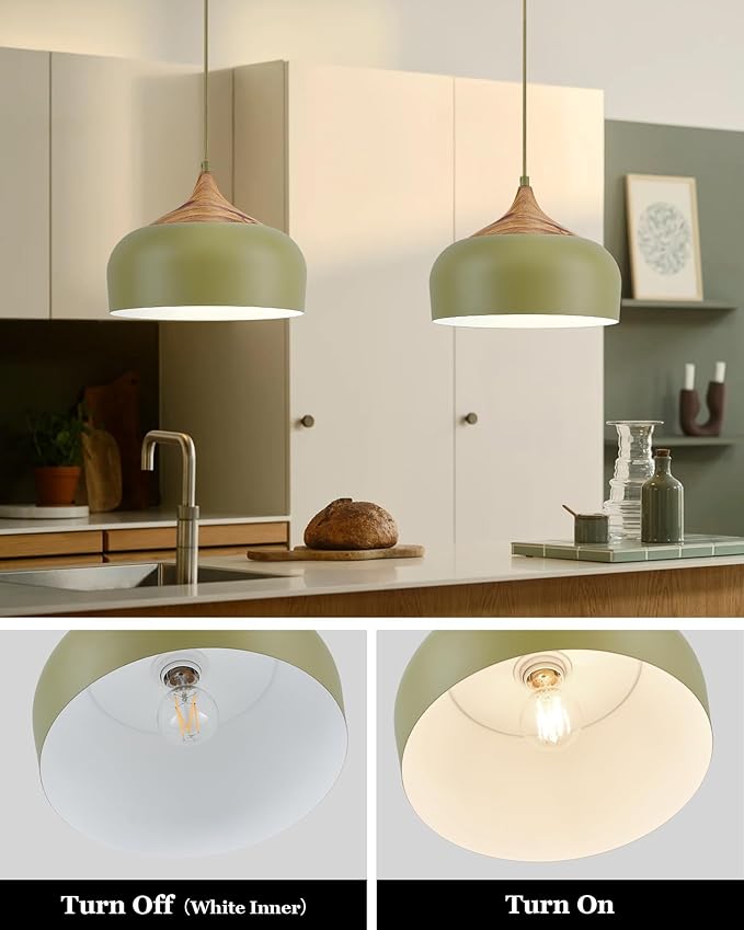 ELYONA Vintage Pendant Light Fixtures with Faux Pine Wood Grain, 12 Inch Adjustable Hanging Light Moss Green Metal Shade, Mid Century Modern Nordic Pendant Lamp for Kitchen Island Dining Room Bedroom