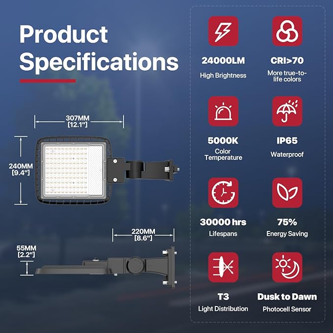 Kifflux 200W Led Parking Lot Light with Dusk to Dawn Photocell Adjustable Arm Mount 24000LM Flood Lights 120V 5000K IP65 Waterproof Shoebox Street Commercial Lighting for Yard, Warehouse, Barn - Aura Lighting