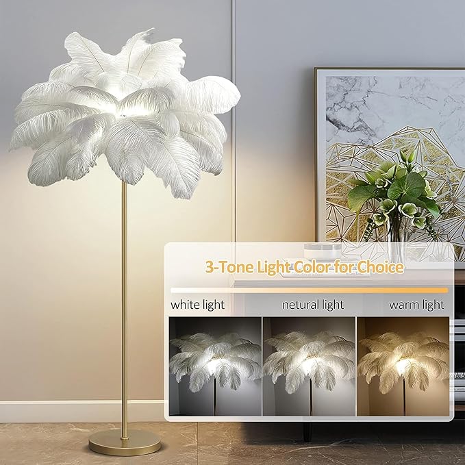 Ostrich Feather Floor Lamps, 3 Colors LED Bulb, Bedroom & Living Room Decorative Lamp (62.99 Inch High)