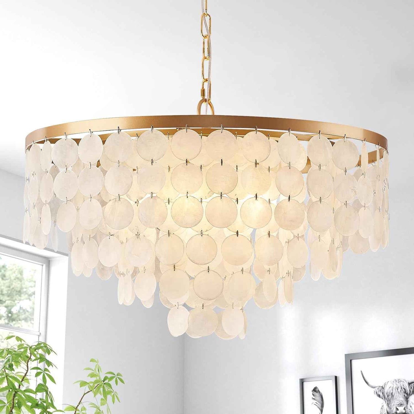24" Capiz Shell Chandelier, 5 Light Gold Dining Room Light Fixture Modern Coastal Chandeliers for Bedroom Bathroom Kitchen and Foyer(White Seashell Lighting Fixtures)