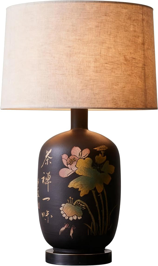Jianshui Pottery Table Lamp with Lotus & Calligraphy Design, New Chinese Style Ceramic Lamp with Fabric Shade, 26.77” Tall, Soft Warm Light for Living Room, Bedroom, Guest Room & Reception Area
