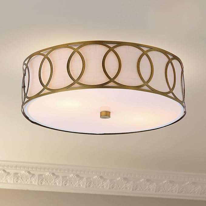 JONATHAN Y 12.25" Brass Gold Modern Metal LED Flush Mount Ceiling Light for Bedroom Hallway, White Linen Drum Shade with Geometric Fretwork, LED Bulbs Included JYL3502A