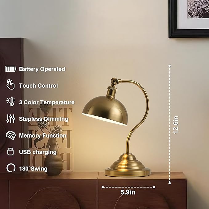 Cordless LED Table Lamp Set of Two, Swing Arm Desk Lamp, Rechargeable, Dimmable/3 Color/Memory Function, Modern Rechargeable Table Light for Living Room,Bedroom,Bedside, Brass - Aura Lighting