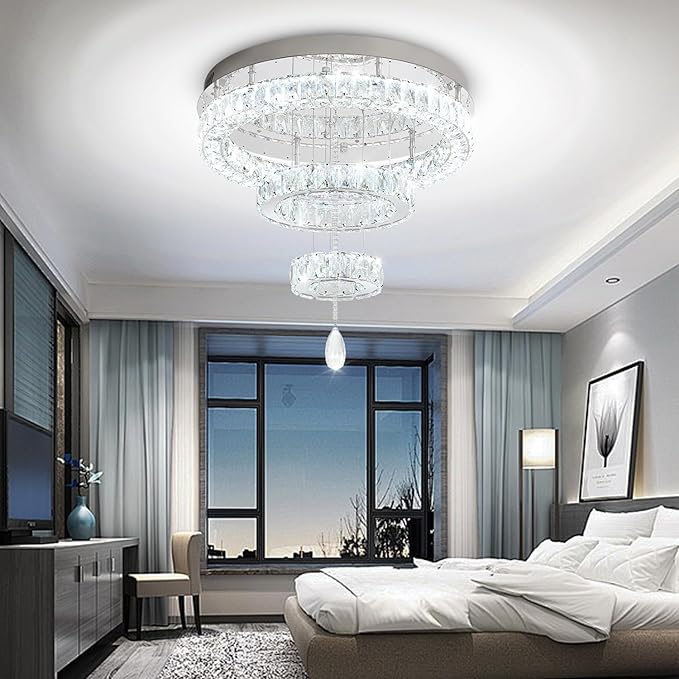 Flashing God Dia 20" Modern Crystal Chandelier for Dining Room Silver Ceiling Chandelier Flush Mount Ceiling Light for Living Room Bedroom Hallway LED Light Fixture Dimmable with Remote