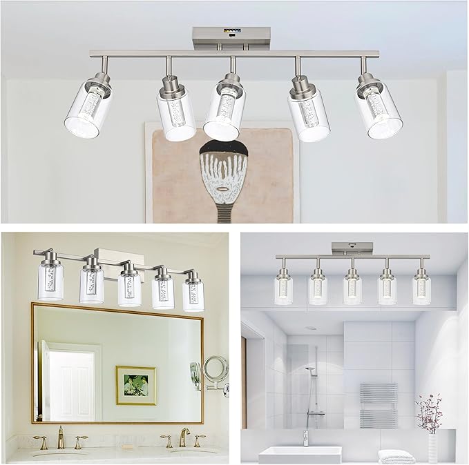 MELUCEE LED 5 Light Track Lighting Kit, Brushed Nickel Ceiling Spotlights Vanity Lights Modern Track Light Fixture with Flexibly Rotatable Heads, Built-in LED Chips, 5-Color Temperature Adjustable - Aura Lighting