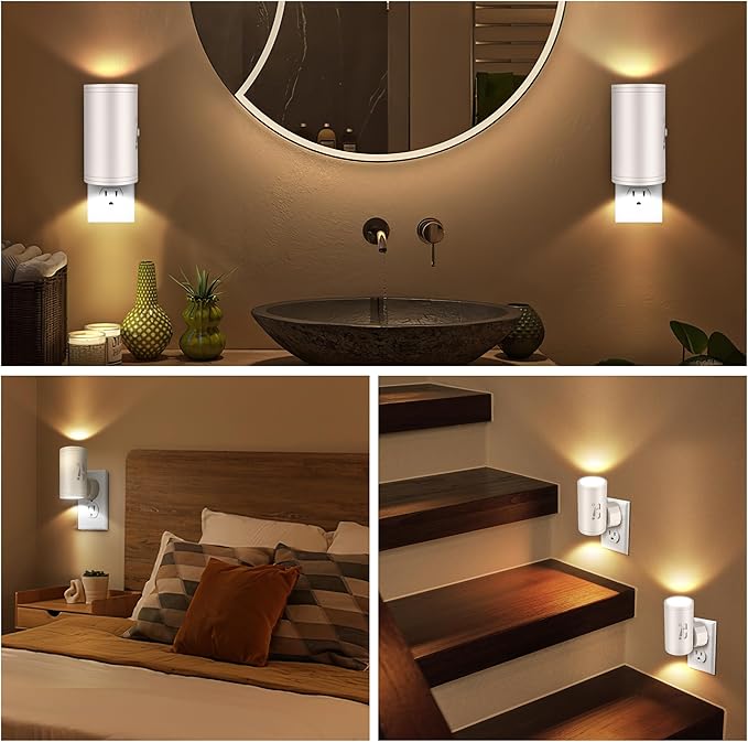 4 Pack LED Plug-in Wall Night Light with Dimmable 0-300 Lumens, 3000K Soft White, Dusk to Dawn Rotating Night Lamp,Auto On/Off Light Sensor for Hallway, Stairs, Bedroom
