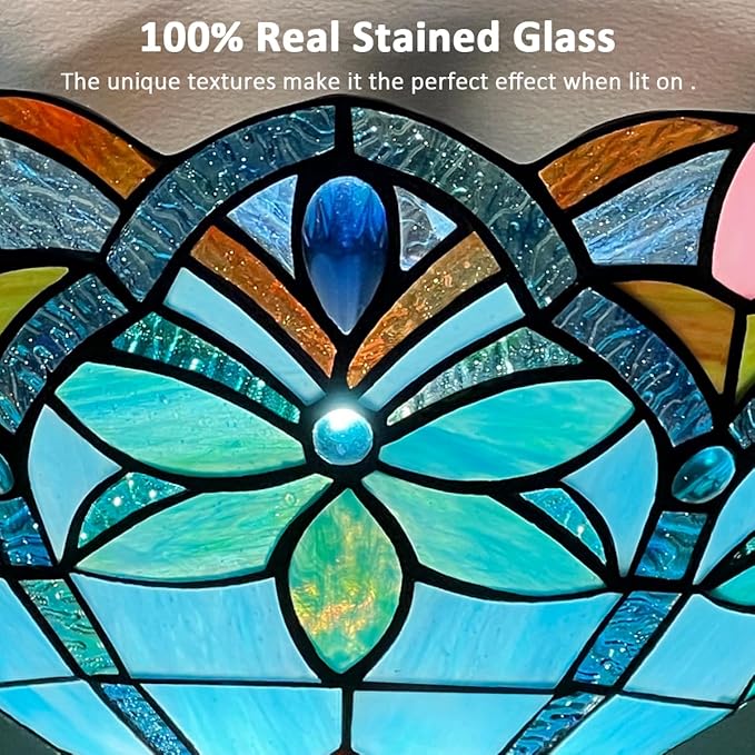 Tiffany Torchiere Floor Lamp - 70" Tall Antique Style Blue Stained Glass Corner Standing Light for Living Room, Bedroom & Home Office