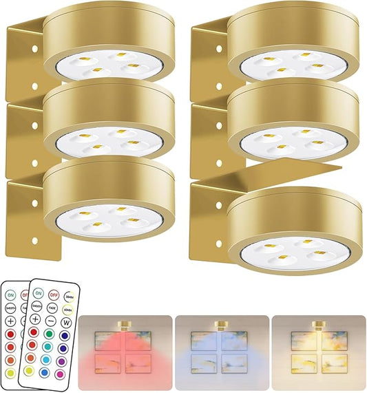 Wireless Battery Operated Painting with Remote Control,13 Color RGB Magnetic Led Art Display Light for Picture Frame, Dimmable and Timer, Wall Decor Display Light 6Pack Gold