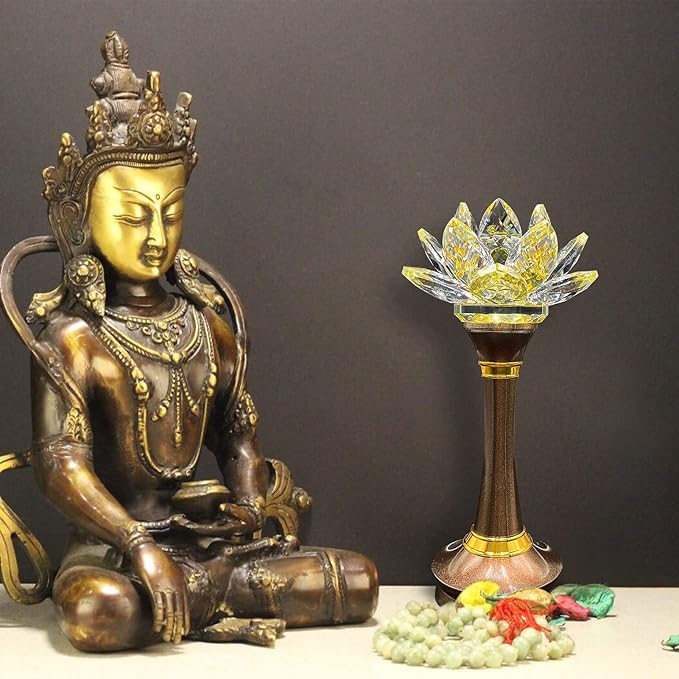 1 Pair Colorful LED Lotus Flower Lamp 7 Color Crystal Buddha Lamp for Cabinet Buddhist Altar - Light Control Crystal Decor Night Light -110V US Plug(10 inch)