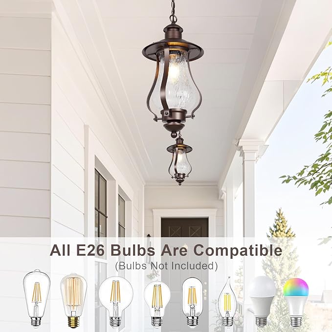 Treekee Outdoor Pendant Light, Vintage Hanging Lantern with Wood Grain Glass, Farmhouse Adjustable Brown Exterior Chandelier Fixture with E26 Socket for Porch, Patio, Entryway, Gazebo - Aura Lighting