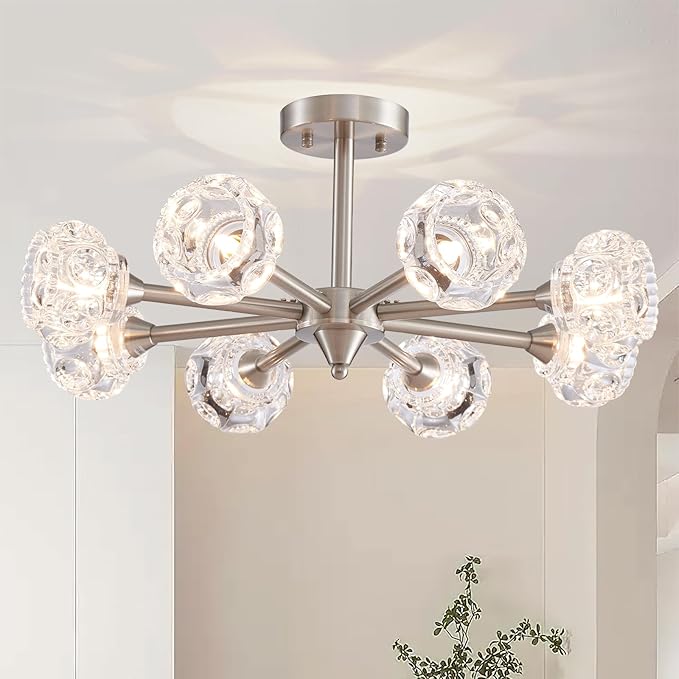 XINGQI Brushed Nickel Ceiling 8 Light Modern 24" Semi Flush Mount Sputnik Ceiling Light Fixture Industrial Chandelier Farmhouse Lighting for Hallway Dining Room Living Room Kitchen Bedroom - Aura Lighting