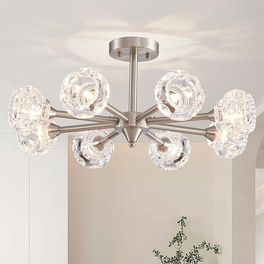 XINGQI Brushed Nickel Ceiling 8 Light Modern 24" Semi Flush Mount Sputnik Ceiling Light Fixture Industrial Chandelier Farmhouse Lighting for Hallway Dining Room Living Room Kitchen Bedroom - Aura Lighting