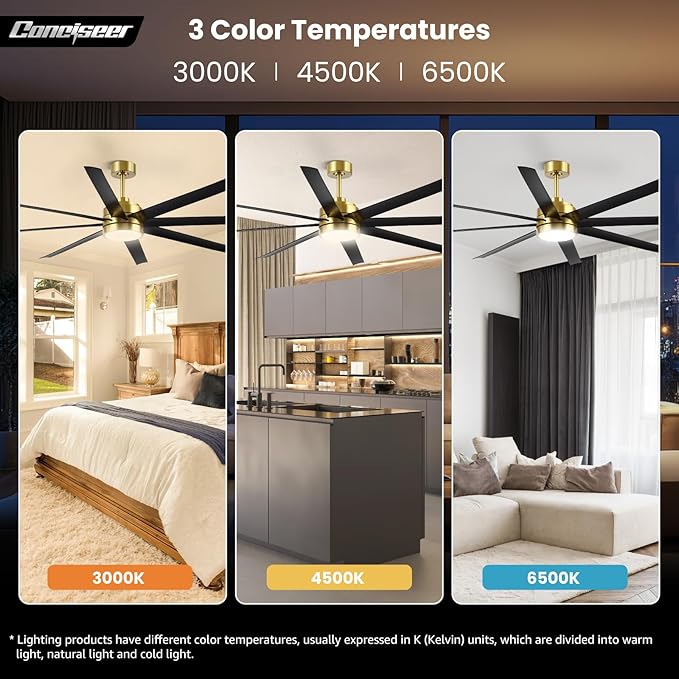72 Inch Ceiling Fans with Lights and Remote for Living Room Kitchen Library Cafe Outdoor/Industrial Use, 3CCT Dimmable, Dual Color 8 Blades 6 Speed Reversible Quiet DC Motor, Gold/Black