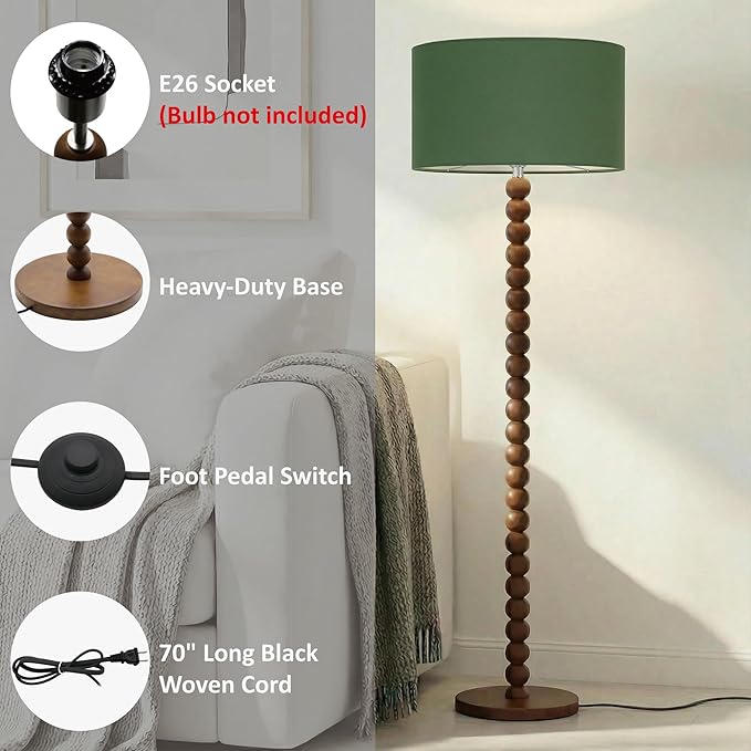 Buruis 61" Beaded Wood Floor Lamp with 17.2" Large Linen Shade, UL Listed, Retro Mid-Century Accent Walnut Finish Standing Lamp for Living Room, Bedroom, Office, Corner, Bulb Not Included, Green