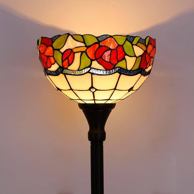 Tiffany Torchiere Floor Lamp Stained Glass Rose Flower Style Standing Corner Torch Uplight 12X12X72 Inch for Bedroom Living Room Home Office