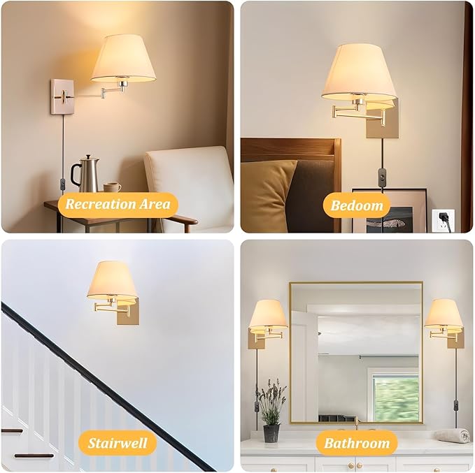 Rose Gold Wall Sconce Plug in, Swing Arm Wall Lamp Set of Two Mid-Century Modern Wall Light Fixtures with Beige Fabric Shade for Living Room Doorway Study Room Bedroom Reading Lamps with Switch