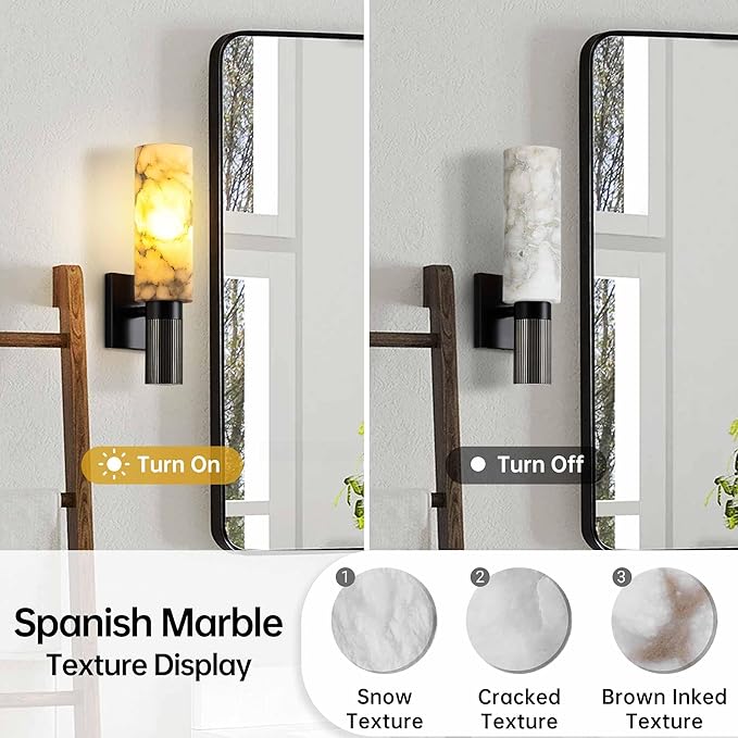 Modern Alabaster Sconce Marble Wall Sconce for Living Room Black Base Bathroom Vanity Wall Sconce Lighting Stone Marble Wall Lamp for Bedroom Corridor Stairs Restaurant - Aura Lighting