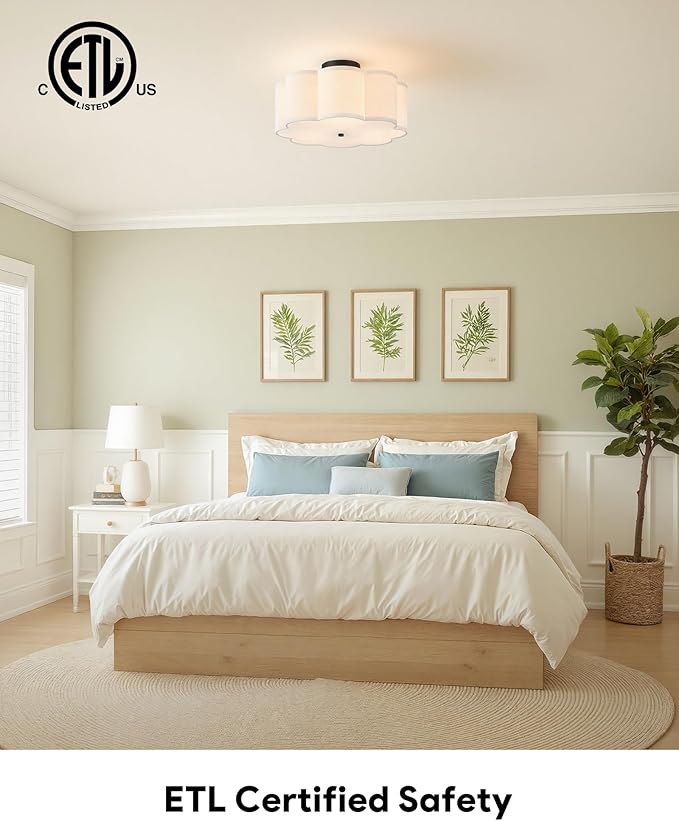 VONLUCE Semi-Flush Mount Ceiling Light, 15.7" Modern 3-Light Ceiling Light Fixture with White Petal-Shaped Shade 3 E26 Sockets for Bedroom Entryway Living Room, Black Finish, ETL Certificated - Aura Lighting