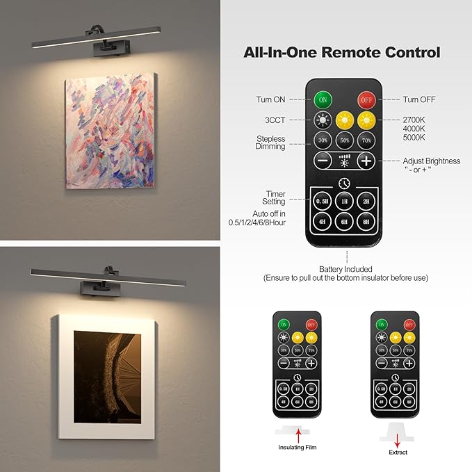 Wireless Picture Lights for Wall,23.5 Inch Black Art Light for Paintings,Battery Operated Picture Lights with Remote Control,Dimmable Rechargeable Art Lamps for Picture Frame,Gallery