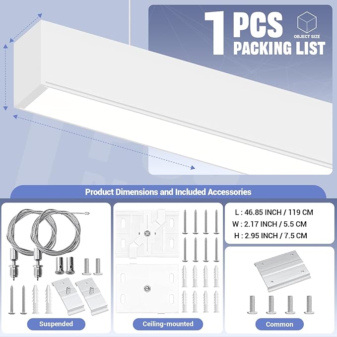 Whtie 1 Pack 4FT LED Linear Lights 50/45/40/35/30W Up and Down Light, 3000K/4000K/5000K 4 Feet Commercial Linkable Shop Lighting for Office Garage Shop Dining Room bar,0-10V Dimmable