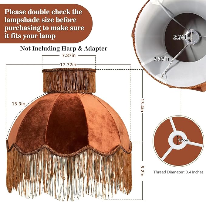Caramel-colored velvet fringe lampshade 7.8" Top x 17.7" Bottom x 13.4" High x 15 Slant"- Large Dome with Scalloped Edge & Fringe Tassels, for Table/Floor Lamps (1, Caramel, Large)