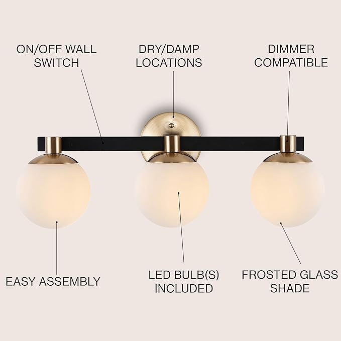 JONATHAN Y 5.75" Brass Gold/Black Modern Globe LED Vanity Wall Sconce Light, White Frosted Glass Shade, Mid-Century Art Deco Wall Lamp for Bathroom, Kitchen, Hallway (JYL3542A)