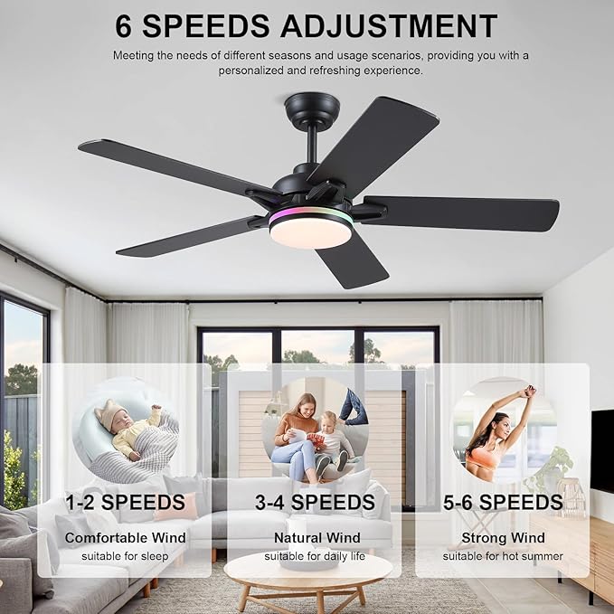 52 Inch Ceiling Fans with Lights and Remote/APP Control, Modern Ceiling Fan with RGB Lights for Bedroom Living Room Patio Porch Outdoor, Reversible Quiet Motor, 5 Wood Blades, Black
