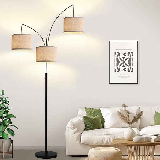 Dimmable Floor Lamp, 3 Lights Black Arc Floor Lamps for Living Room, Modern Tall Standing Tree Lamp with Linen Shade & Heavy Base, Large Floor Lamp for Bedroom Office, 3x1000 LM LED Bulbs Included