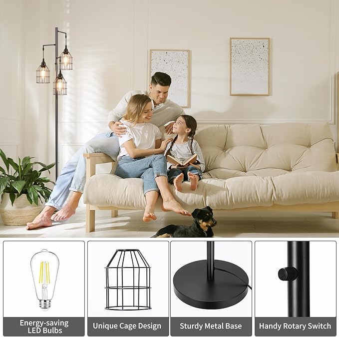 Sucolite 70" Dimmable Floor Lamp for Living Room, Industrial 3-Light Tree Floor Lamp Black with Cages, Farmhouse Rustic Tall Standing Lamp Floor Lighting for Bedroom Office, 3 Free LED Edison Bulbs