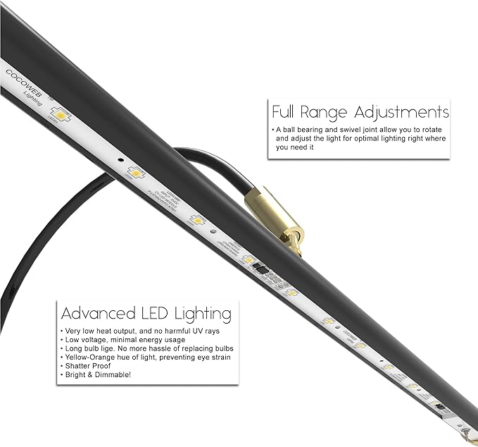 Cocoweb 19" Grand Piano Lamp - Adjustable, Black with Brass Accents, LED Clip-on with Dimmer - GPLED19D - Aura Lighting