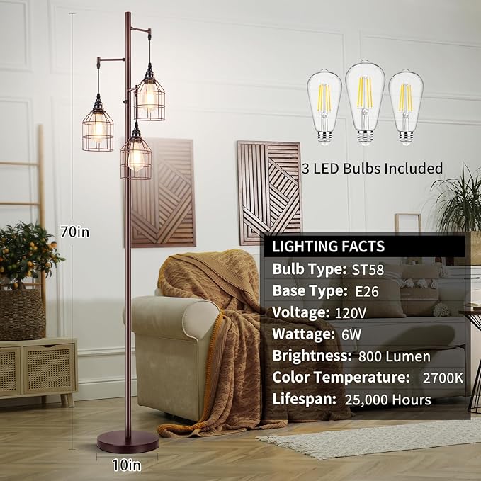 Sucolite 70" Dimmable Floor Lamp for Living Room, Industrial 3-Light Tree Floor Lamp Brown with Cages, Farmhouse Rustic Tall Standing Lamp Floor Lighting for Bedroom Office, 3 Free LED Edison Bulbs