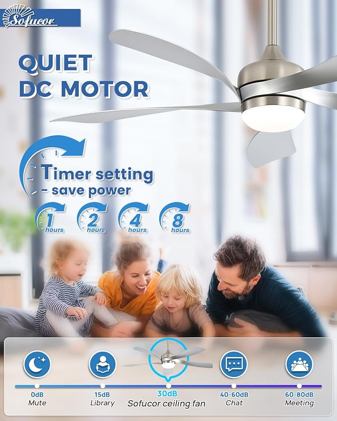 Sofucor 52" Smart Ceiling Fan, Indoor/Outdoor Ceiling Fans with Lights and Remote, Compatible with Alexa/Google/App, 3-Color Light 6-Speed Timing Reversible DC Motor for Bedroom Living Room Patio