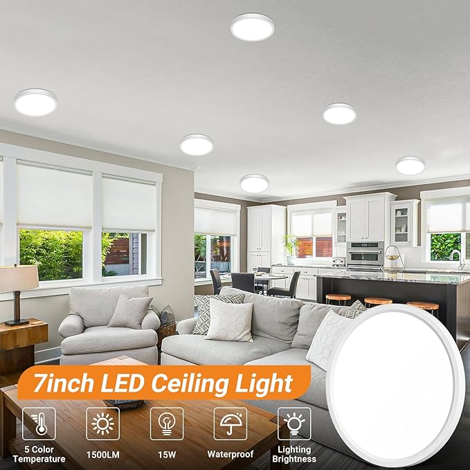 slochi 1Pack LED Flush Mount Ceiling Light Fixture, 7 Inch 15W, 1500LM, Super Slim 0.7 Inch, 3000K-6500K Adjustable Low Profile LED Ceiling Lights for Bathroom, Closet, Hallway(White)