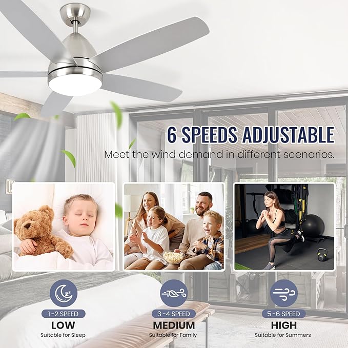 Smart Ceiling Fan with Light, Modern Nickel 52-Inch Outdoor Ceiling Fan and Remote/App, Dimmable Tri-Color LED and Reversible Motor for Indoor Bedroom/Outdoor Covered Patio - Aura Lighting