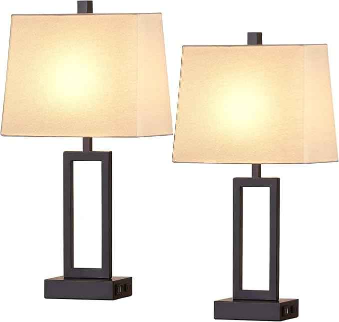 23.5" Touch Control Table Lamps Set of 2, Bedside Lamp with 2 USB Ports & AC Outlet, 3-Way Dimmable Nightstand Lamp with White Linen Shade for Living Room Bedroom End Table Office(2 LED Bulb Included)