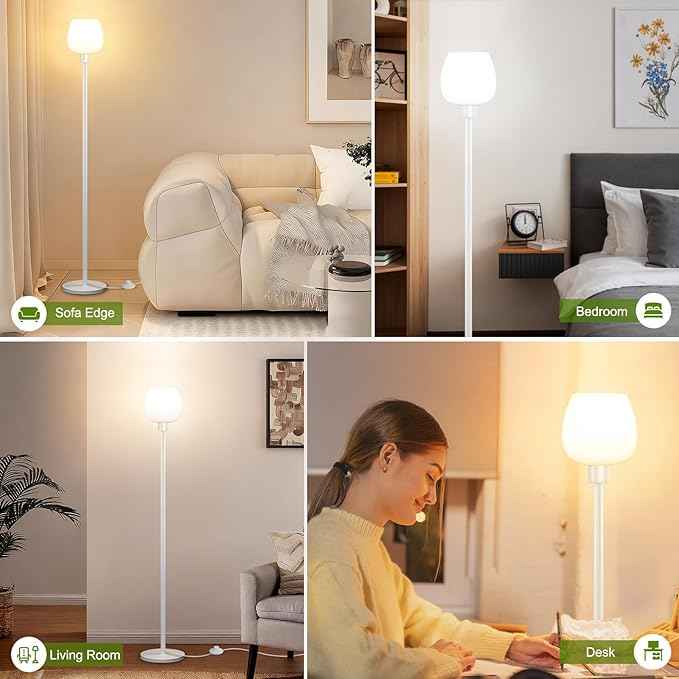 64.2'' White Floor Lamp, Modern Standing Lamp with Opal Glass shade, 3 Color Temperatures LED Bulb Included, Foot Pedal Switch, Tall Pole Standing Lamps for Living Room, Office, Bedroom, Home Decor