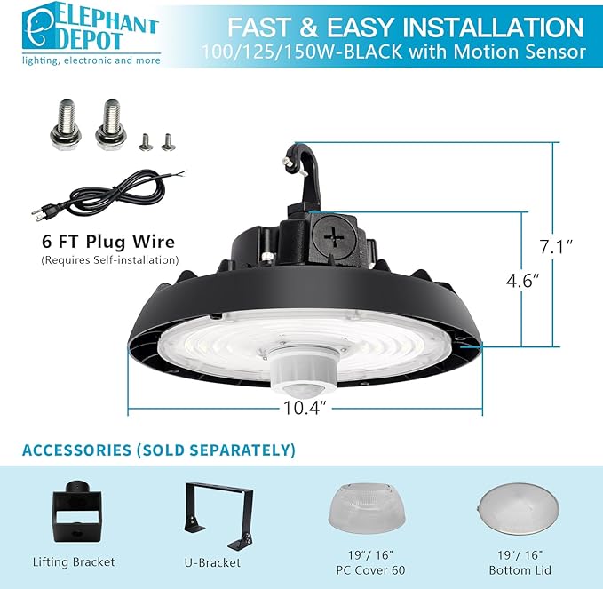 UFO Led High Bay Light with Motion Sensor, 100/120/150W, 14000/17500/21000LM, 2CCT 4000K/5000K, 0-10V Dimmable High Bay Led Shop Lights for Gym Factory Warehouse, Hook,6' Cable, UL&DLC