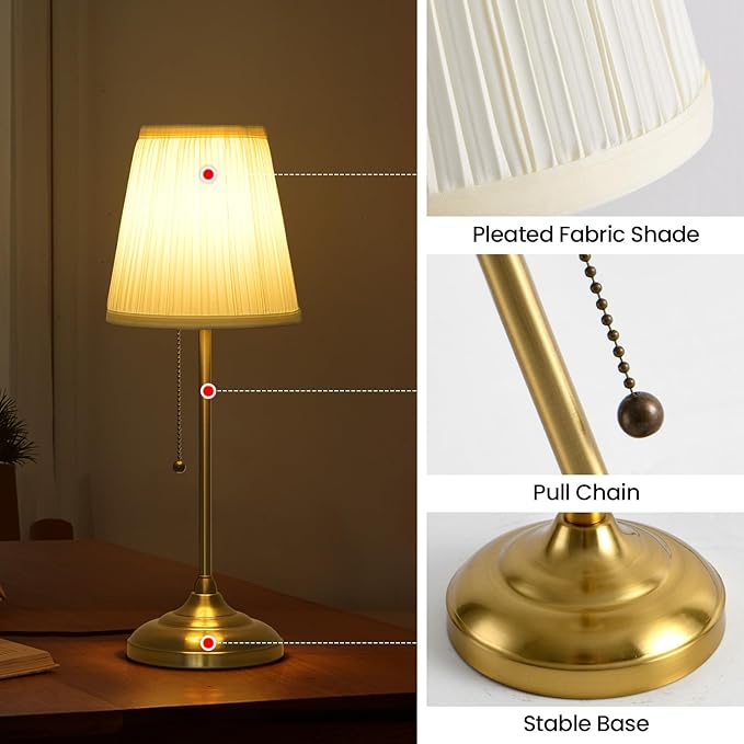 Modern Table Lamp for Bedroom, Gold Bedside Lamp, Farmhouse Nightstand Lamp with Pull Chain Switch, 20" Small Table Lamp for Reading, Hotel, Buffet Candlestick