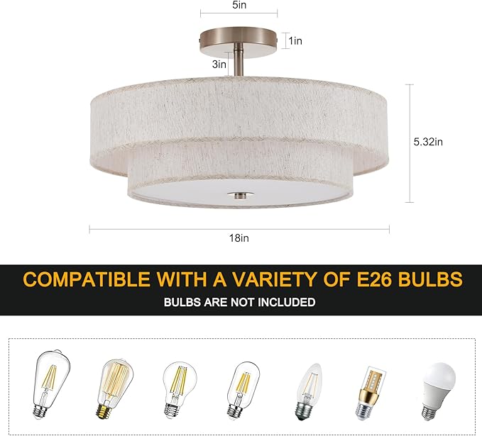 18" Semi Flush Mount Ceiling Light 3-Light Modern Linen Drum Ceiling Lighting with Chrome Finish, Vintage Ceiling Light for Living Room, Kitchen, Basement, Laundry Room, Bedroom - Aura Lighting