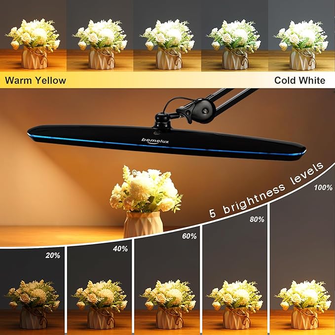 Task Lamp with Clamp, 23 Inch Lamp Head, Bright 182PCS LEDs,5 Color Temperatures, 5 Brightness Levels, Metal Swing Arm 24W 2200 Lumen Dimmable Led Desk Lamp (Black, CCT)