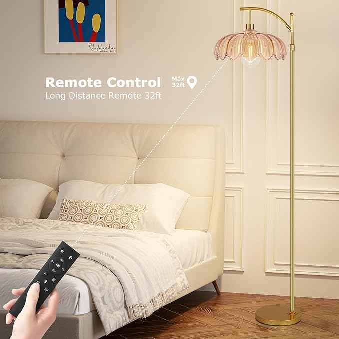Vintage Floor Lamps for Living Room Glass Floor Lamp with Remote Control & 3 Color Temperature,Dimmable Floor Lamp Gold Mid Century Modern Standing Lamp Brass Tall Floor Lamps for Bedroom Corner