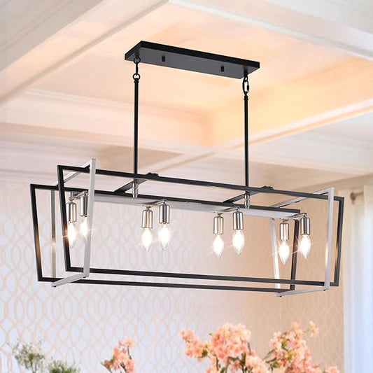 36" Dining Room Light Fixture/Chandelier Over Table, 8-Light Kitchen Island Lighting, Hanging for Farmhouse Linear Chandeliers, Black and Sliver Rectangle Chandeliers for Dining Room,E12 Socket