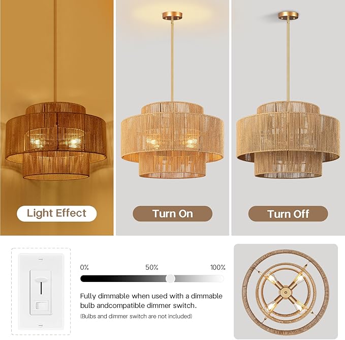 24'' Boho Rattan Chandelier, 4-Light Hand-Woven Wicker Pendant Lamp, Rustic Modern Ceiling Light Fixture for Dining Room, Kitchen Island, Living Room, Bedroom, Foyer, Entryway, Over Table - Aura Lighting