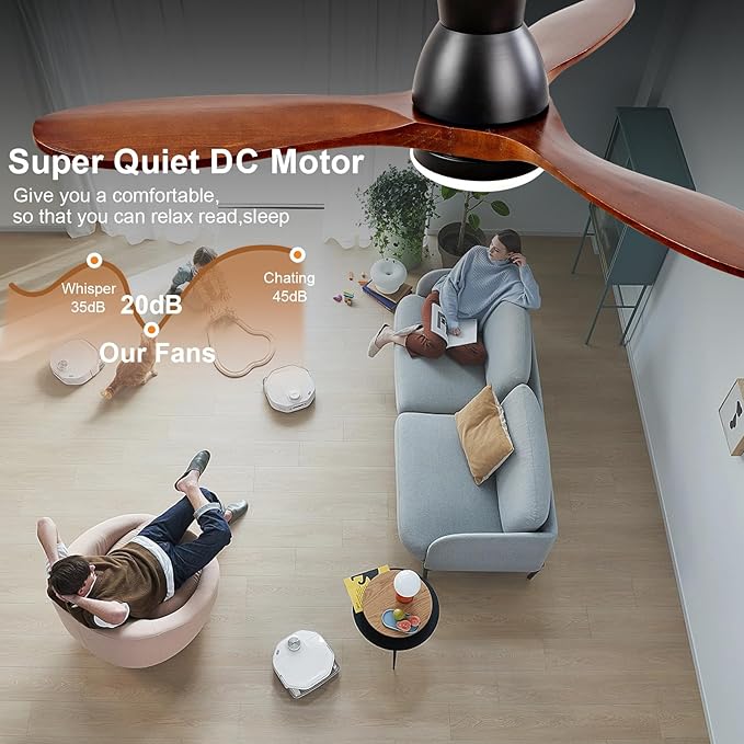 42 Inch Flush Mount Ceiling Fans with Lights and Remote, Dimmable 3 Blades Wood Bedroom Ceiling Fan with Lights Low Profile Ceiling Fan with Light Black Outdoor Ceiling Fans for Patios Living Room