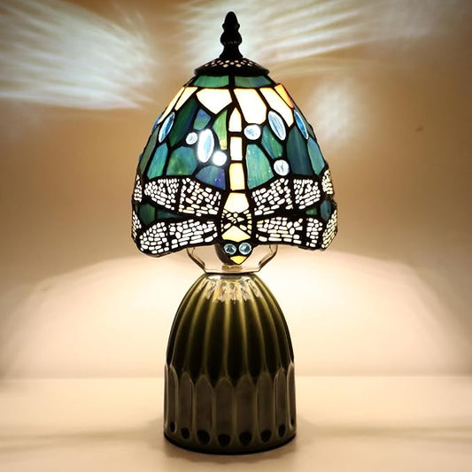 Tiffany Lamp Stained Glass Mushroom Table Lamps 6X6X12.5 Inch Yellow Dragonfly Style Small Night Light Ceramic Base Mini Accent Desk Light Suitable for Bedside Table Bedroom Children Room