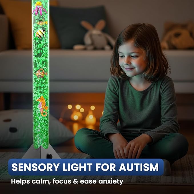 Brewish Sensory Bubble Floor Lamp with Bubble Regulator Knob | 7 Color Changing LED Mood Night Light | Artificial Fish Tank for Autism | Fake Aquarium Lamp | Gift for Kids & Adults | Silver - 3 Feet
