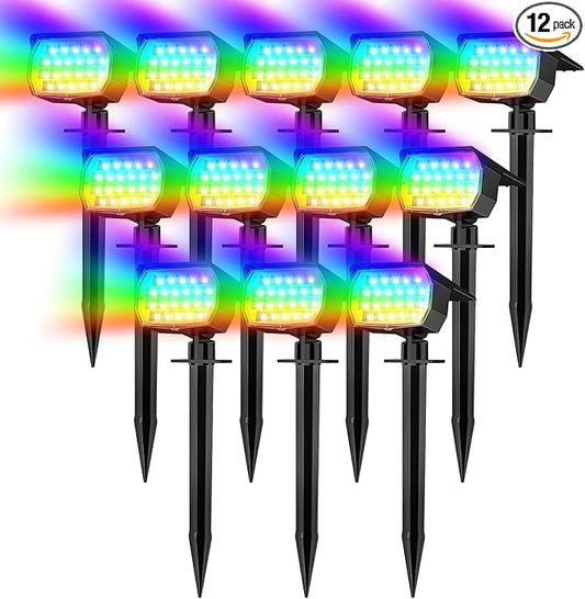 Solar Spot Lights Outdoor Color Changing, [7 Mode/12 Pack] Christmas Landscape Spotlights, Solar Light Outdoor Waterproof, Led Powered Flood Light for Outside Pathway Yard Garden Tree Halloween - Aura Lighting